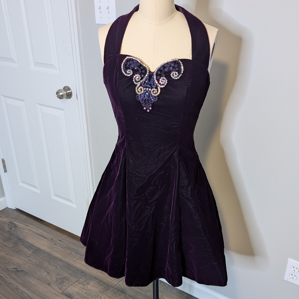 Jessica McClintock Halter Velvet Purple‎ Fit Flare Mini Dress Whimsigoth Small